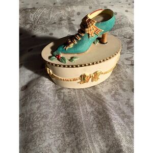 VTG The Jane Asher Collection Willow Hall Victorian Shoe Trinket Box Teal Cream